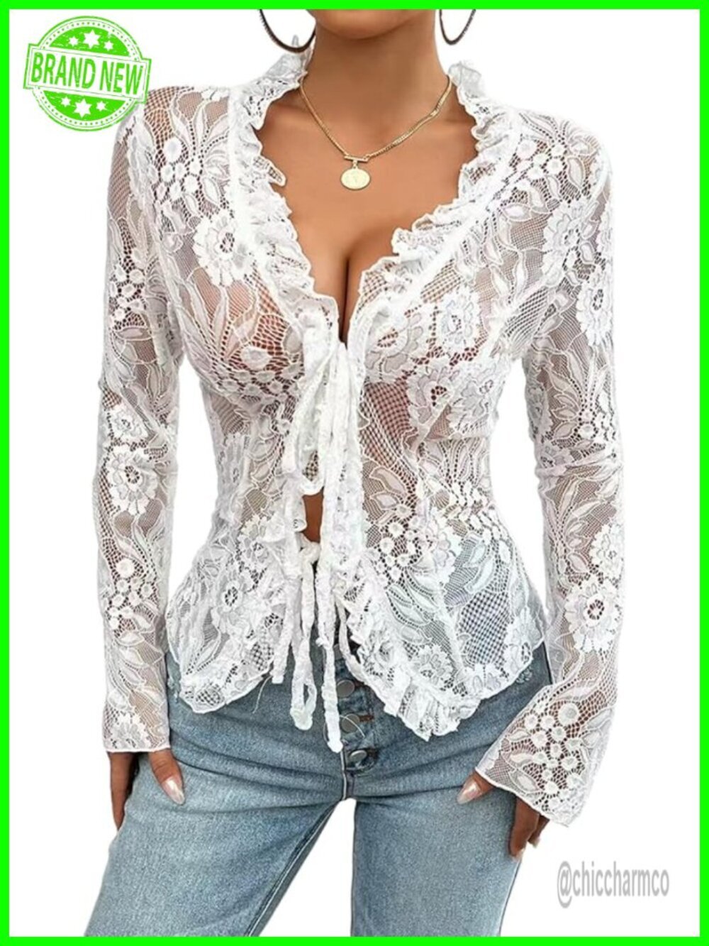 Sexy V Neck Lace Sheer Top Long Sleeve Blouse Y2K Going Out